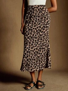 Écloséra 女士中腰豹纹鱼尾下摆半身裙，优雅 - 棕色 - 查看 5