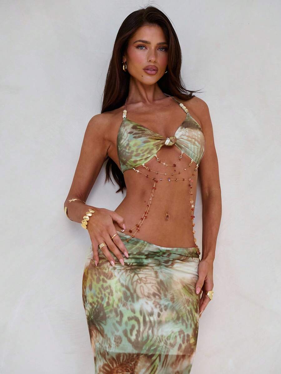 Aloruh 女式性感胸罩杯扭腰镂空串珠装饰修身扎染印花连衣裙