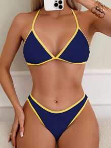 SHEIN Swim 女款夏季海灘撞色掛脖綁帶性感比基尼兩件式泳衣套裝 - 彩色 - 查看 3