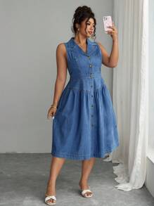 Elenzga 大码女式夏季翻领单排扣休闲无袖牛仔连衣裙