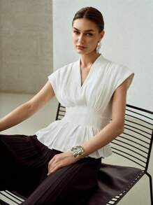 MOTF PREMIUM V-NECK FOLD PLEATED BATWING SLEEVE PEPLUM TOP