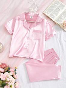 2 件套幼儿女童休闲纯色柔软面料短袖 T 恤和宽松裤子家居服套装，春夏季