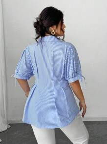 SHEIN Unity Plus Size Woven Short Sleeve Casual Commuting Striped Shirt - Blue - View 6