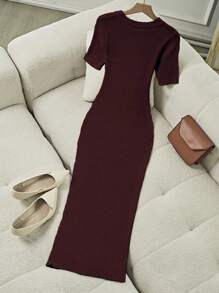 Franclia 女式优雅修身圆领短袖纽扣装饰针织连衣裙 - 酒紅色 - 查看 2