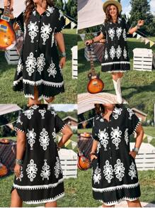 EMERY ROSE Plus Size Raglan Sleeve Casual Open Front Collar Curved Hem Ladies Dress With Pockets, Unique Linen Blend Music Festival Boho Print, Suitable For Spring/Summer Country Music Music Festival Bohemian Vacation Dresses Casual - Black and White - View 3