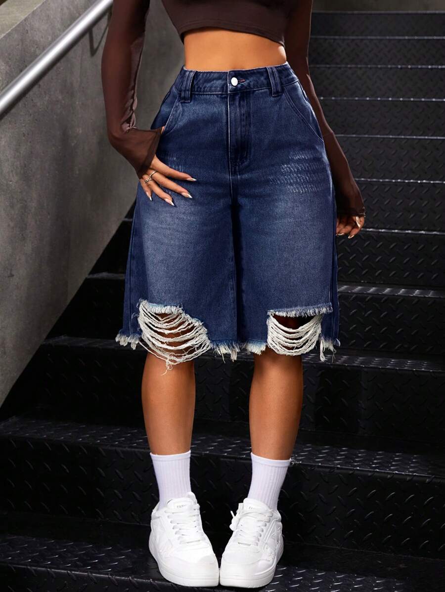 SHEIN ICON 女士时尚休闲日常纽扣阔腿牛仔短裤 - 藍色 - 查看 1