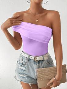 SHEIN Clasi Women Plain Color Ruched Slim Fit Slant Shoulder Neck T-Shirt - Purple - View 4