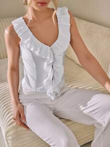 CLARA VERO Blusa informal de verano con botones en la parte delantera, sin mangas, con volantes alrededor del cuello y aspecto limpio de tejido de un solo color para mujer
