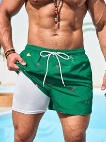 Manfinity Swimmode 男士图案印花口袋抽绳腰部沙滩短裤，适合夏季男士泳装男士沙滩装