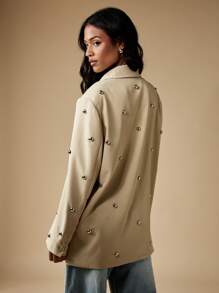 MISSGUIDED Professional Blazer Studded Metal Embellished Double Breasted Statement Business Office Work Formal Spring Autumn Outerwear - Light Grey - View 2