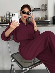 DAZY Women's Solid Color Single-Breasted Long Sleeve Shirt And Loose Casual Pants 2 Pieces Set - Burgundy - View 5