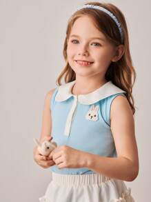 PrepCrw Kleine Mädchen Zweiteiler im Farbblock Design mit ärmelloser Bluse und Mini-Rock, Preppy Stil - Blau-Weiß - Übersicht 2