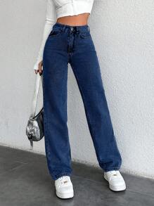 SHEIN PETITE 女款直筒寬鬆休閒牛仔褲，附口袋，百搭，適合嬌小女性 - 深色水洗藍 - 查看 3