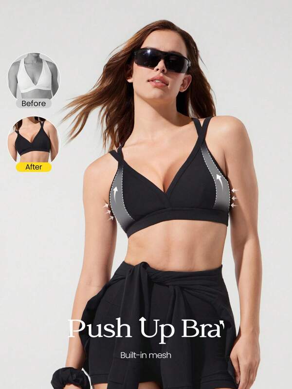 GLOWMODE FeatherFit™ Power Hour Buttery-Soft Stretchy Sweat-Wicking Mesh Crossover Straps Deep V-Neck Triangle Sports Bra Low Impact Yoga Pilates Barre Studio Daily Casual Wear
