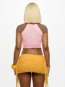 SUMWON WOMEN Áo thun cotton crop top raglan tay ngắn thời trang có thiết kế mặc mùa hè thể thao giản dị họa tiết - Màu Hồng baby - Xem 2