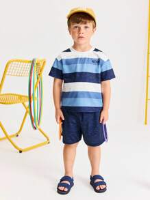 SHEIN Young Boy Casual Stripe Raglan Short Sleeve T-Shirt And Shorts Set, Simple & Comfortable - Navy Blue - View 3