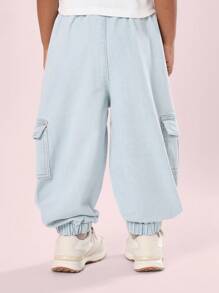 SUMWON 儿童工装牛仔慢跑裤，带侧袋，弹性踝裤，休闲日常玩耍裤 - 淺藍色 - 查看 2
