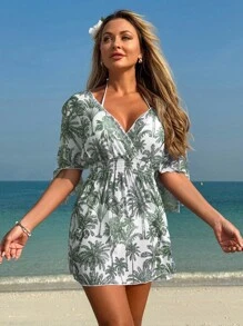 Swim Lushoire 海滩度假服装 女式热带印花透明网眼宽松腰部 V 领中长款海滩罩衫 - 彩色 - 查看 3