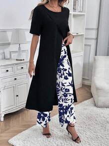 SHEIN LUNE 女式休闲纯色开衩上衣和花卉印花裤两件套，夏季 - 彩色 - 查看 5