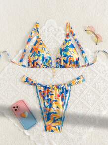 SHEIN Swim Women's Floral Print Sexy Bikini Set, Summer Beach Swimwear - Multicolor - View 5