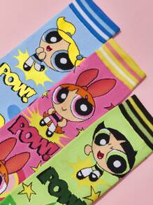 THE POWERPUFF GIRLS X SHEIN 3 Pairs Soft & Breathable Moisture-Wicking Casual Women Mid-Calf Socks With Cartoon Striped Pattern Fashionable And Cute Colorful Crew Socks Reinforced Toe & Heel For Durability All Season All-Match,Y 2 K,Back To School - Multicolor - View 5