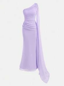 Pitira Pitira Abito lungo in chiffon elegante per ragazze adolescenti, con un spalla, collo a volant, drappeggiato ai lati, abito fluido per matrimonio/ospite di matrimonio/damigella/damigella di fiore, colore viola