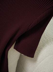 Franclia 女式优雅修身圆领短袖纽扣装饰针织连衣裙 - 酒紅色 - 查看 3