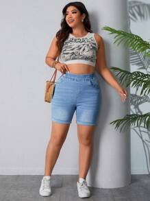 SHEIN CURVE+ 大码女式夏季牛仔风格浅蓝色弹力松紧腰紧身牛仔短裤 - 藍色 - 查看 6