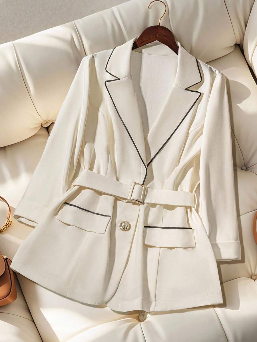 Franclia Blazer de talla grande de unicolor, elegante francés, con decoración de cintura en bloqueo de color y mangas 3/4 - Albaricoque - Ver 1