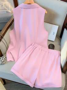 GlowEve CURVE Plus Size Women's Solid Color Lapel Collar Double-Breasted Sleeveless Jacket And Shorts Casual 2 Pieces Set - Baby Pink - View 2