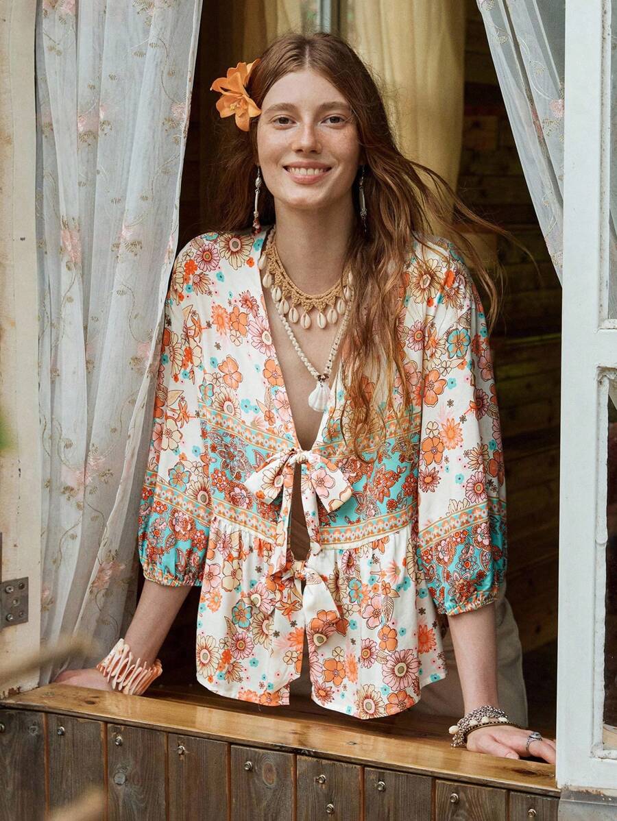 Florisole 女式复古波西米亚度假花卉印花V领系带七分袖衬衫