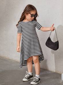 SHEIN NovaGlow Young Girl Young Girl Striped High Low Hem Tee Dress