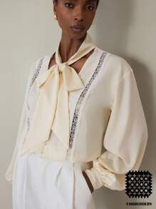 SHEIN Privé Women's Fashionable Lace Patchwork Hollow Faux Pearl Button Lantern Sleeve Shirt With Tie Collar Fall Cloth For Women