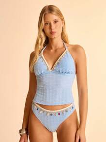 CAJUNI Women's Boho Style Sleeveless V-Neck Knitwear Top & Bikini Bottom Patchwork With Shell Tasseled Strap, Summer Vacation Beach 2-Piece Swimsuit Set - Blue - View 8