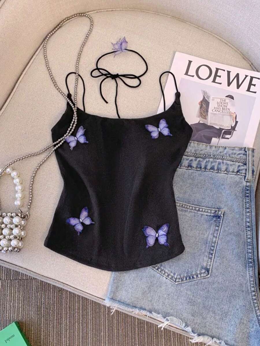 Franclia Canotta elegante e carina da donna con decorazione a farfalla 3D, per l'estate - nero - Visualizzare 1