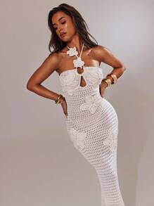 SHEIN BAE 女士 3D 花卉装饰休闲长款毛衣连衣裙