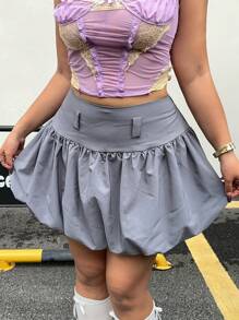 SHEIN MOOSTA Plus Size Women Floral Bud Summer Casual Short Skirt, Women Spring/Summer - Grey - View 3