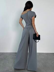 Firerie Women's Elegant Casual Commuting Business Off The Shoulder Outfit, Includes Asymmetric Shoulder Grey Short Sleeve Fitted T-Shirt And Loose Wide Leg Knit Pants Set, Suitable For Summer, Business Casual, Fall, Back To School, Office, Airport, Travel - Grey - View 3