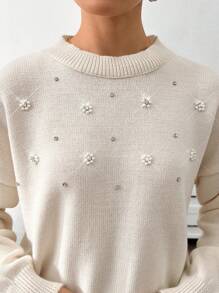 EURMUSE Women Sweater With Rhineshine Stones With Pearls Sweater Tops Pearl Sweater,Jumper,Cream Jumper,Jumpers,Black Jumper,Womens Jumper,White Jumper,Women's Jumper,Women's Jumpers,Winter Clothes - White - View 6
