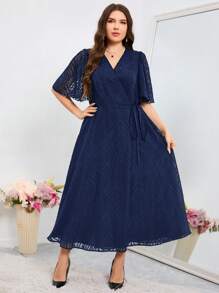 Modelyn Vestido Envelope com Recorte Colorido Sólido Tamanho Plus Size, Vestidos de Festa Longos - Azul Marinho - Visão 5