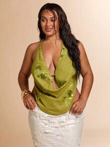 SHEIN BAE Plus Size Women Green Beaded Embroidered Halter Neck Sleeveless Top, Summer Vacation Beach - Green - View 10