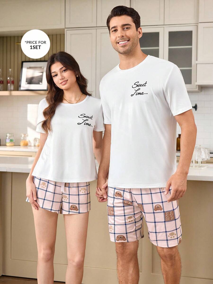 CoupledUp Cute Cartoon Bear Heart Print Couples Pajamas Sets For Men - Multicolor - View 1