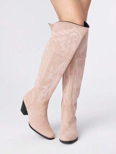 Fairycore Stivali da cowboy da donna, con dettagli in tessuto kaki e ricami, stile western per moda all'aperto, stivali al ginocchio slip-on, novità di primavera e autunno