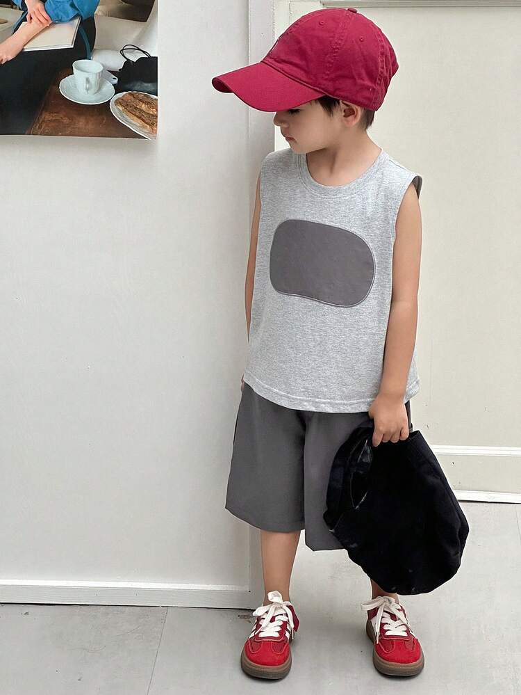 2pcs Young Boy Fall Clothes Set: Boy (Toddler) Round Neck Knitted Printed Top + Shorts
