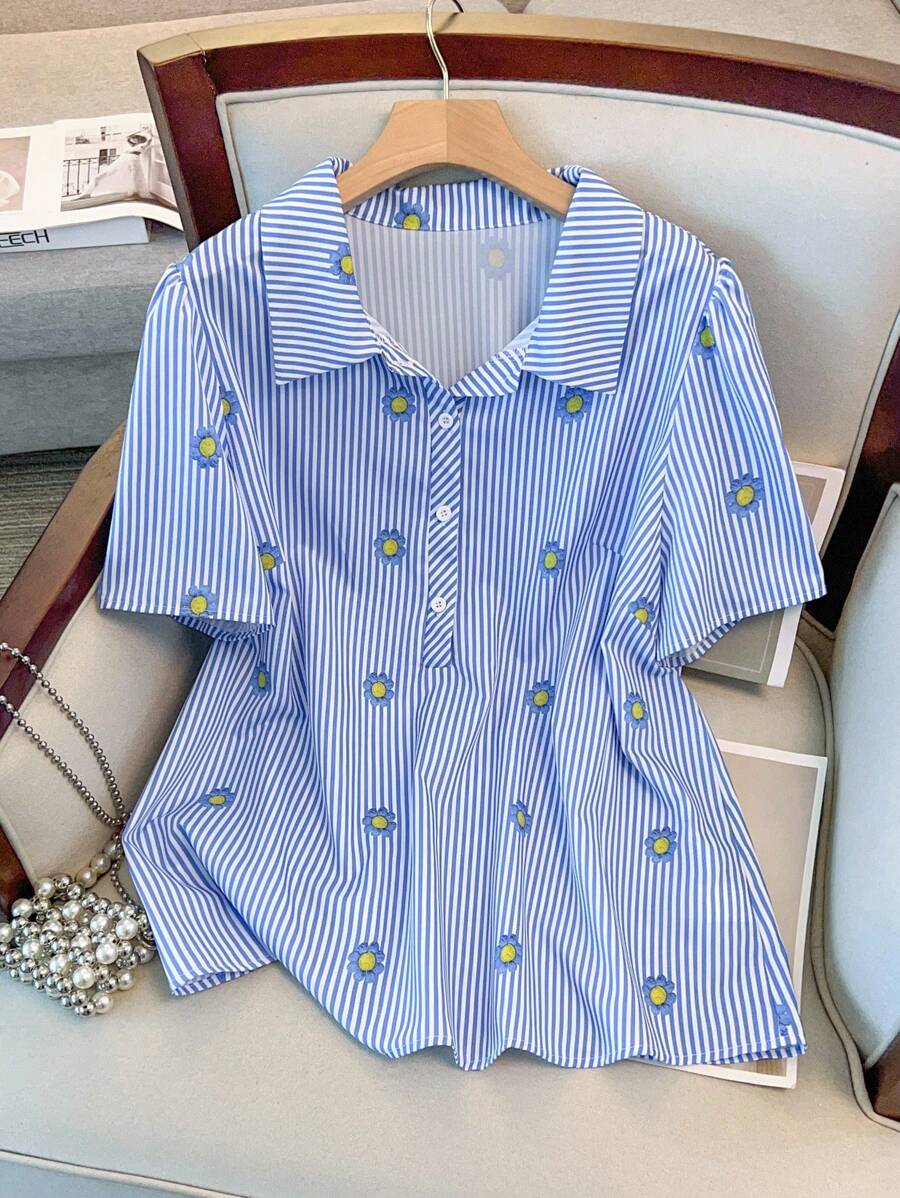SHEIN LUNE Áo sơ mi kẻ sọc hoa giản dị mùa hè cỡ lớn cho nữ - Màu xanh lam - Xem 1