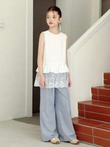 Girls Summer 2 Piece Set, Sleeveless Flutter Hem Top And Striped Woven Pants, Casual Holiday Outfit - Multicolor - View 3