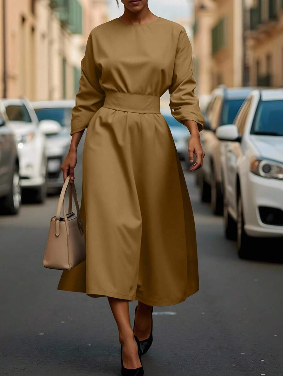 INAWLY Robe décontractée à manches longues pour femme, col rond, plissée