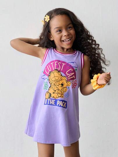 GARFIELD | SHEIN Maija Kids Maija Kids Young Girl Summer Casual Cartoon Pattern Round Neck Sleeveless Dress Kids Purple Dress Girls Casual Dress Toddler Girl Dress Girls Cartoon Dress Girls Purple Dress
