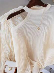 Resyla 女式纯色修身不对称肩长袖 T 恤，罗纹针织上衣 - 杏色 - 查看 5