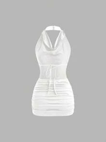 Sweetra Backless Plunging Neck Tie-Up Sleeveless Sexy Form-Fitting Mini Bodycon Dress - White - View 2